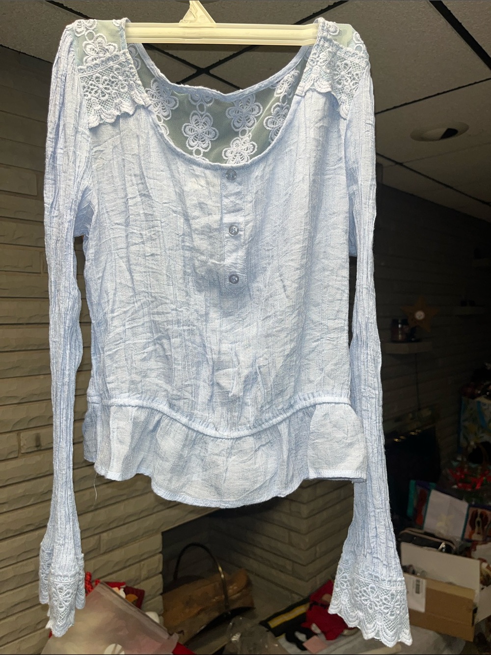 mine Light Blue Lace-Detail Peplum Long-Sleeve Top